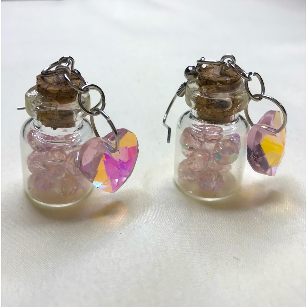 Pink Crystal Beads & Hearts in Jar Silver Drop Earrings 🦄3 for $15 /4 for $20🦄